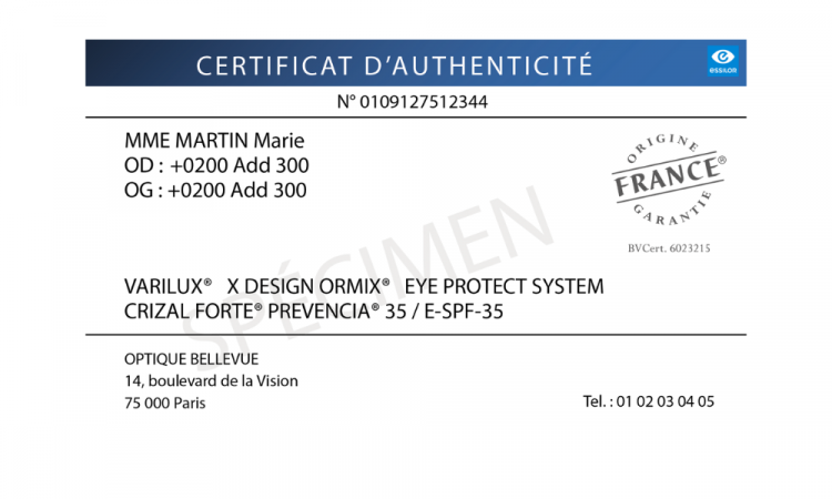 certificat d'authenticité des verres eyecode